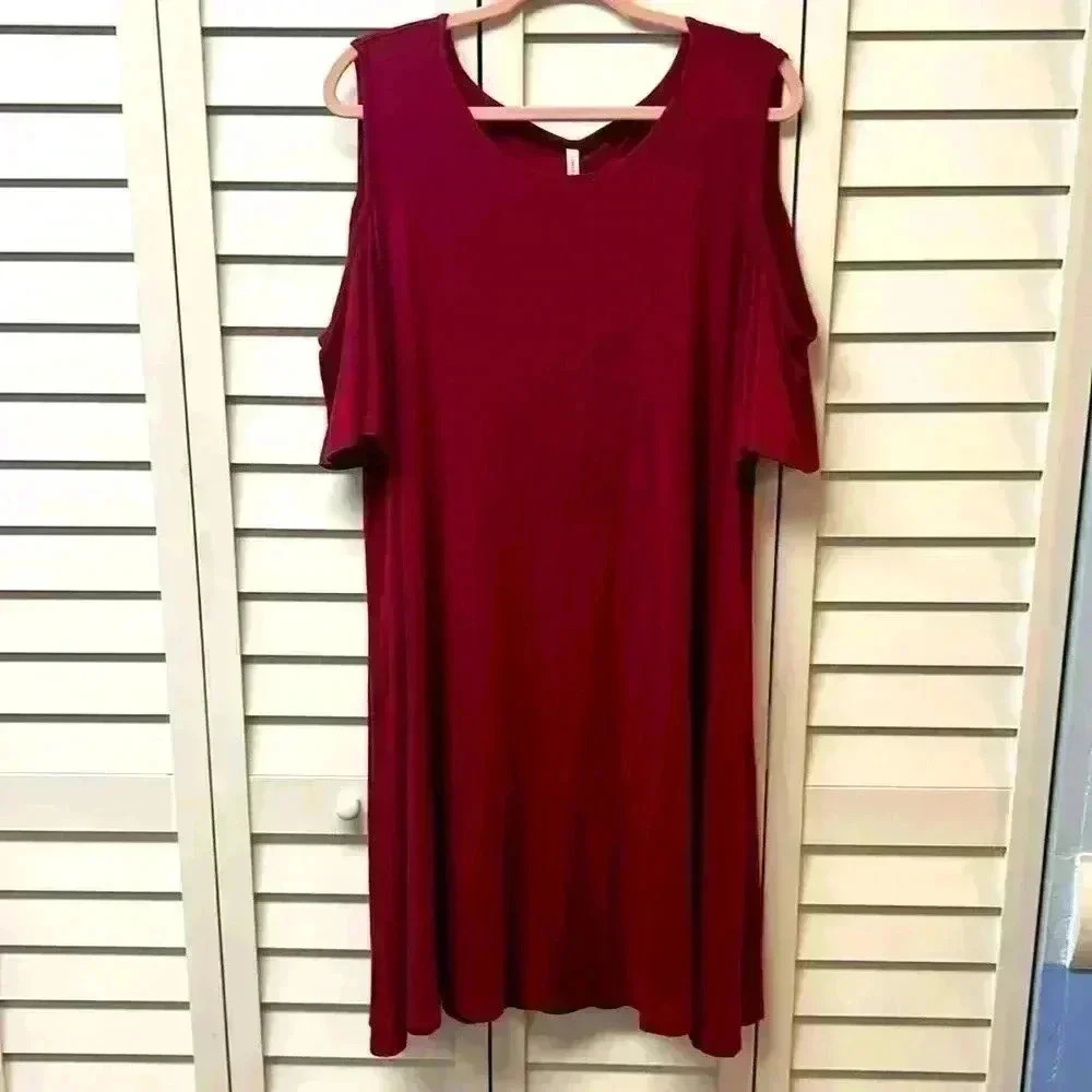 Longyuan Cold Shoulder Flutter Sleeve Swing Dress Burgundy Size 4XL NWT